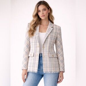 Maje Paris Ivory Tweed Blazer Gold Button Plaid Jacket Bouclé/Fringe TrimFR 34